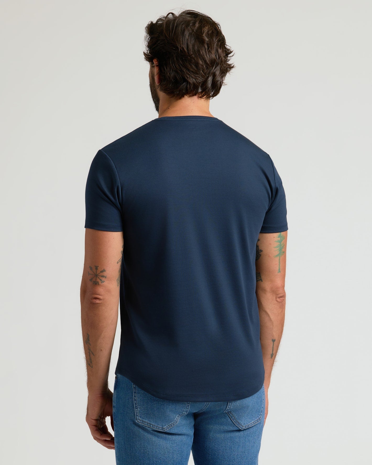 Navy Pima Cotton Blend Curved Hem Crew