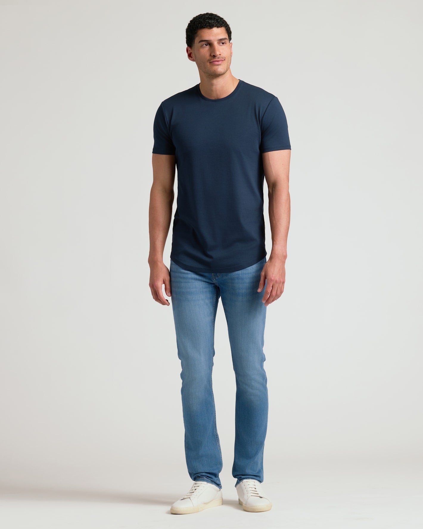 Navy Tall Pima Cotton Blend Curved Hem Crew